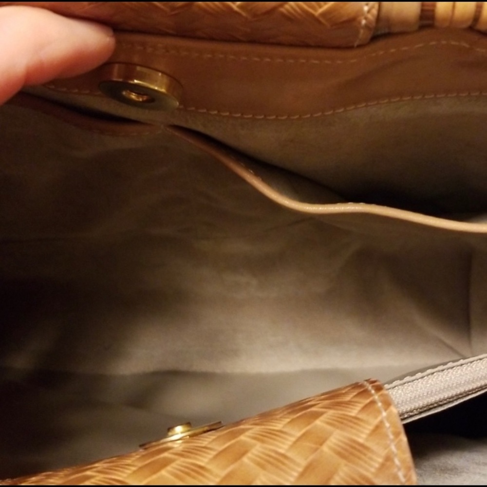 • Vtg. Brahmin woven straw bamboo handled canvas palm tree bag • - Picture 6 of 9